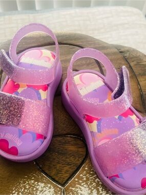 Mini Melissa Glitter Purple Hook-and-Loop  Sandals. Size 6 T.